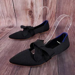 Rothys Size 6.5 The Mary Jane Point Flats Black Solid Textile Bow Straps Tie